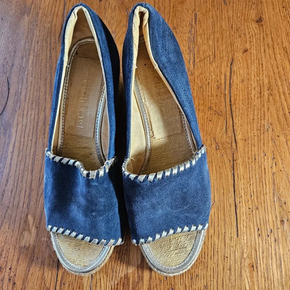 Jack Rogers Palmer Suede Espadrille Wedge‎ Sandals Blue Gold Trim Size 7.5M